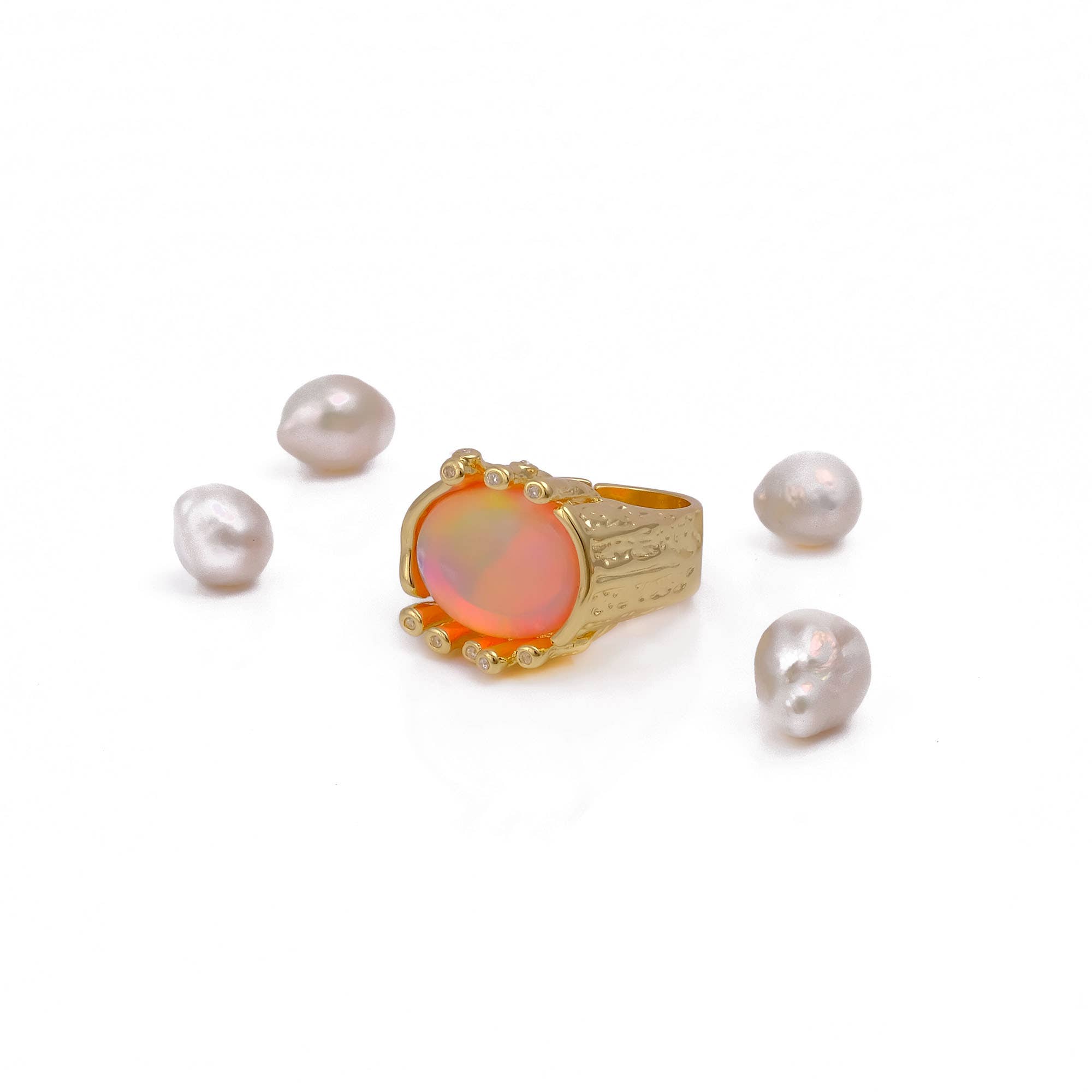 El Joyero - Wholesale Cocktail/Statement Ring - Pink Fire Opal Ring Adjustable Gold Plated Textured Cz Rings4