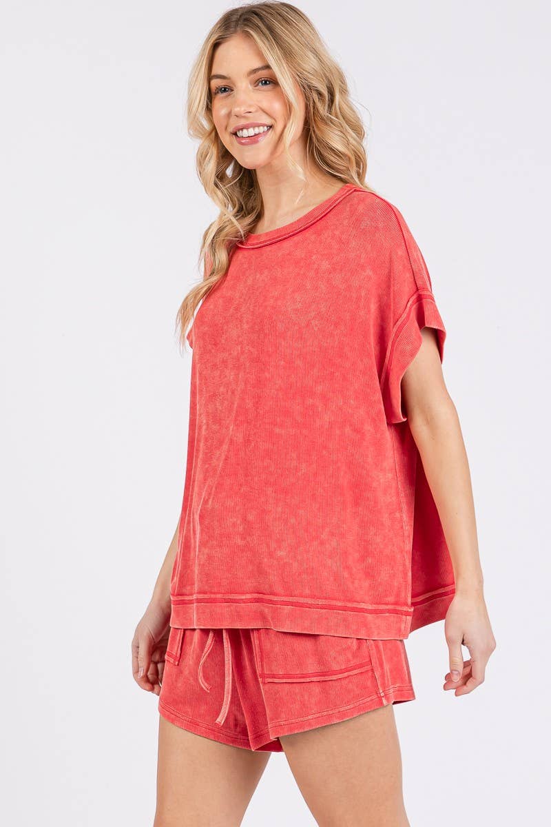 Sewn and Seen - Wholesale Lounge Set - Women's - MINERAL WASHED TOP AND SHORTS RIB SET 20