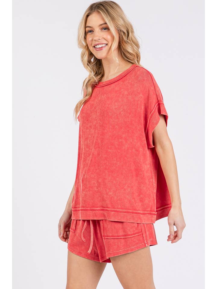 Sewn and Seen - Wholesale Lounge Set - Women's - MINERAL WASHED TOP AND SHORTS RIB SET 20