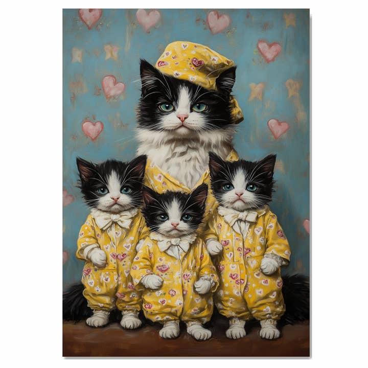 Chatte et chatons en pyjamas jaunes avec des cœurs sur toile pour la vente par Art Paradise Studios