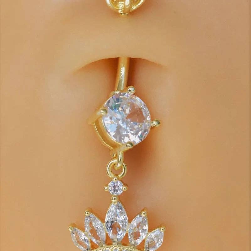 StockJWL - Wholesale Belly Ring - Princess Crown Belly Button Ring, Navel Piercing, Belly Button Piercing, Curved Barbell, Belly Piercing, Belly Bar, Belly Ring, Dangle2
