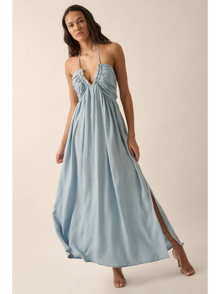 LIGHT CHAMBRAY Plunging Halter-Neck Solid Denim Maxi Dress for wholesale on Faire2