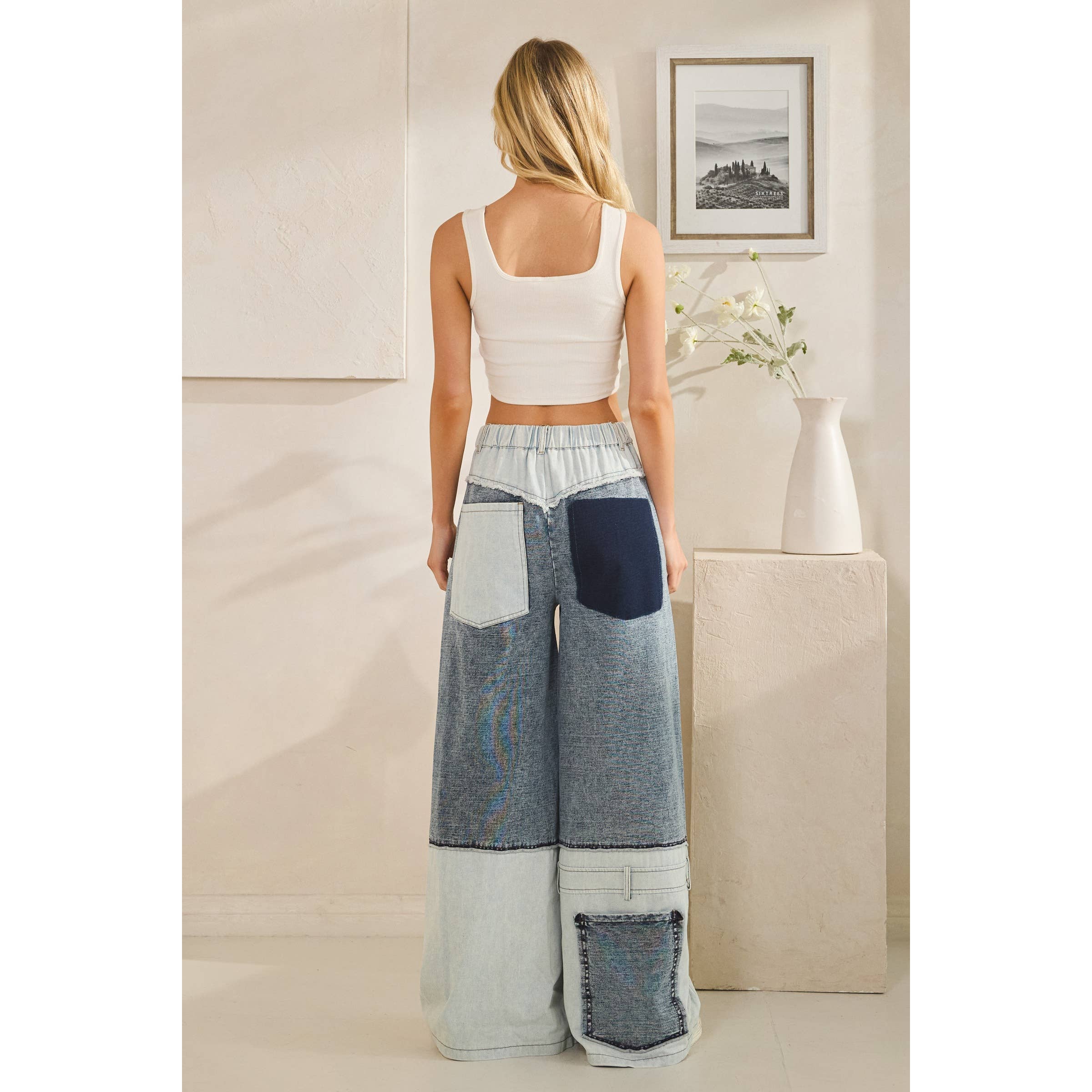 MEZCLILLA JEANS RECTOS ANCHOS DE MEZCLA DE DENIM LAVADO CON CONTRASTE de venta al por mayor en Faire6