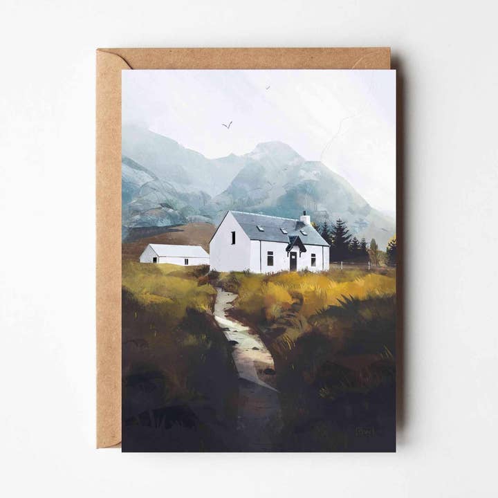 Etive Retreat, Cosy Cottage Greeting Cards for wholesale by Sara Willia Landscapes