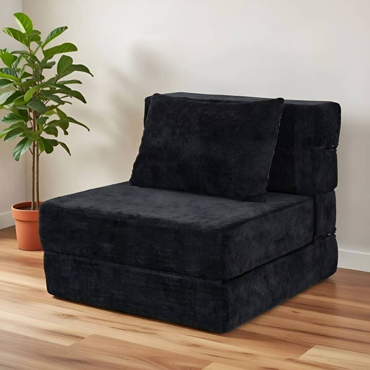 · REDEARTH · Sovesofa uden ben, sammenklappelig gulvsofa, 3-i-1 konvertibel gulvsofa, chaiselong & sovesofa i chenille, høj-densitets skumgulvsæde med pude, vakuumpakket, ingen montering, sort for engroshandel hos REDEARTH