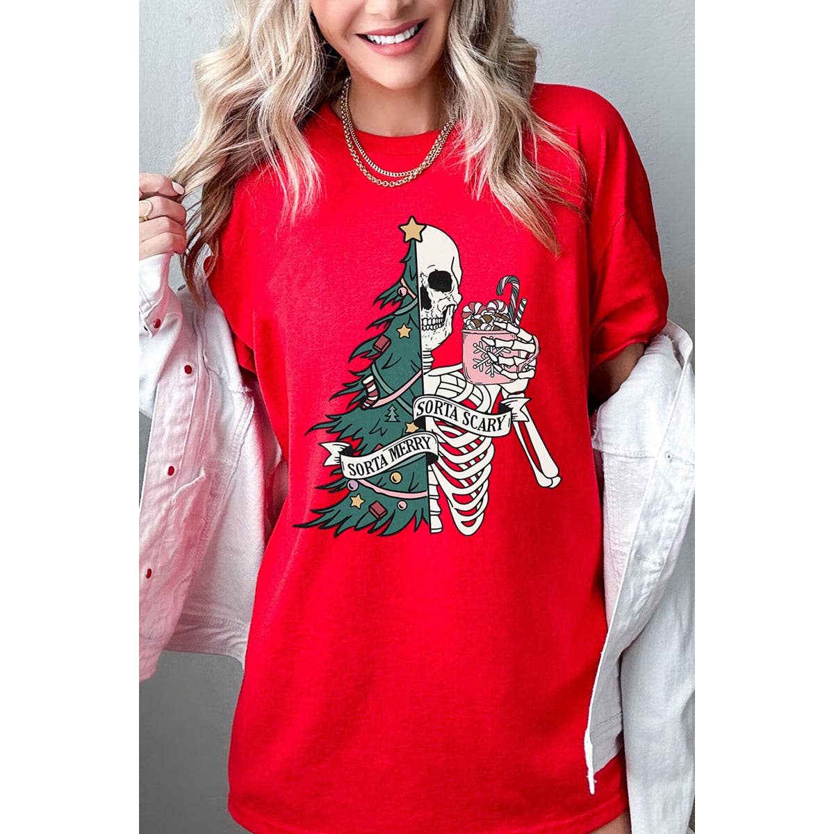 COLORBEAR – Großhandel T-Shirt (Grafikdruck) – Damen – IRGENDWIE FRÖHLICH, IRGENDWIE GRUSELIG, WEIHNACHTEN, SKELETT, SCHWERE BAUMWOLLE9