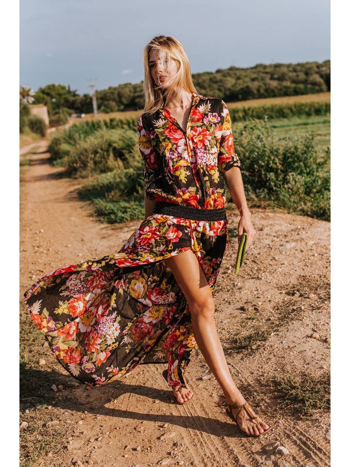 Miss Kitsch – Vestido - Mulher por atacado – Vestido longo boho de algodão preto com flores, vestido camisa, vestido maxi, vestido floral feminino, modelo Mallorca8