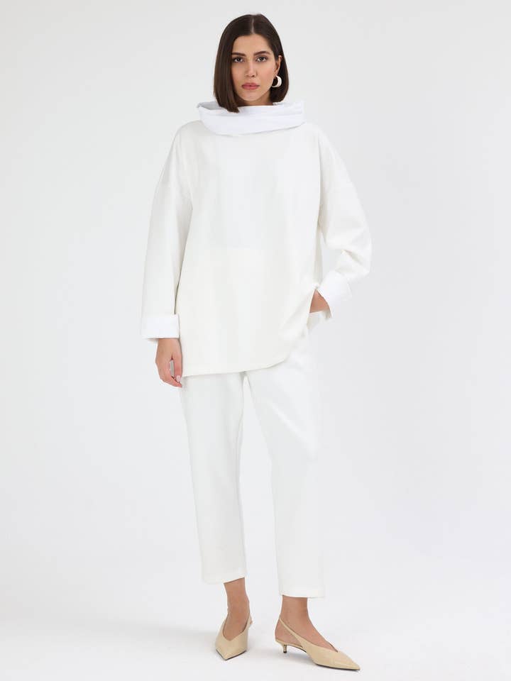 White Ivory Funnel Neck Oversized Set for wholesale by Store WF