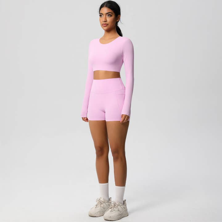 Sodalemon – Engroshandel Activewear-sæt – til kvinder – Kvinder Højtaljet Yogasæt: Langærmet Top + Shorts med Lommer3