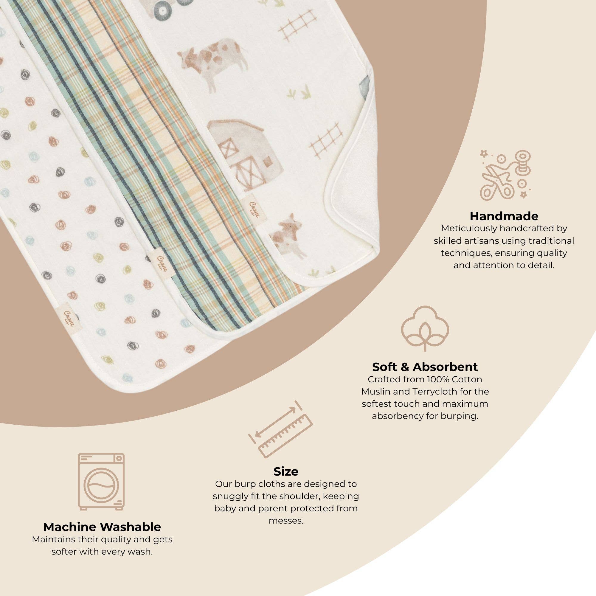 Crane Baby - Vente Set de bavoirs d'épaule – bébé - Ensemble de 3 langes de ferme avec tracteur Charlie2