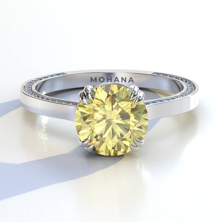 2 Carat Yellow Lab Grown Diamond Three Stone Diamond Engagement Ring - Giverny for wholesale by Mohana Jewels - Luxury