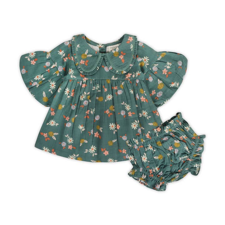 Tahiti Floral Baby Dress & Bloomer Set (Organic Muslin) for wholesale by Viverano Organics