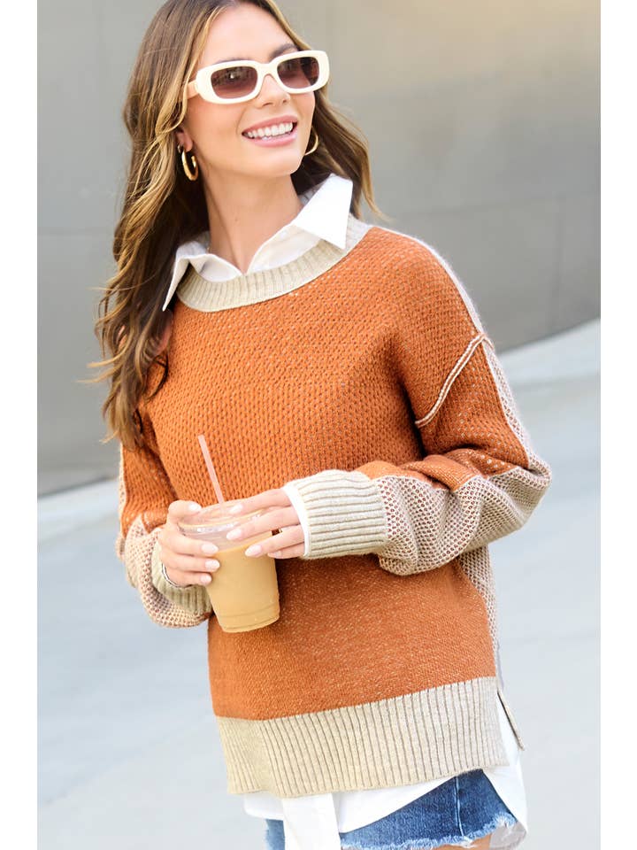 La Miel - Wholesale Knit Sweater - Women's - MCS3556-Loose Fit Color Block Textured Round Neck Sweater
