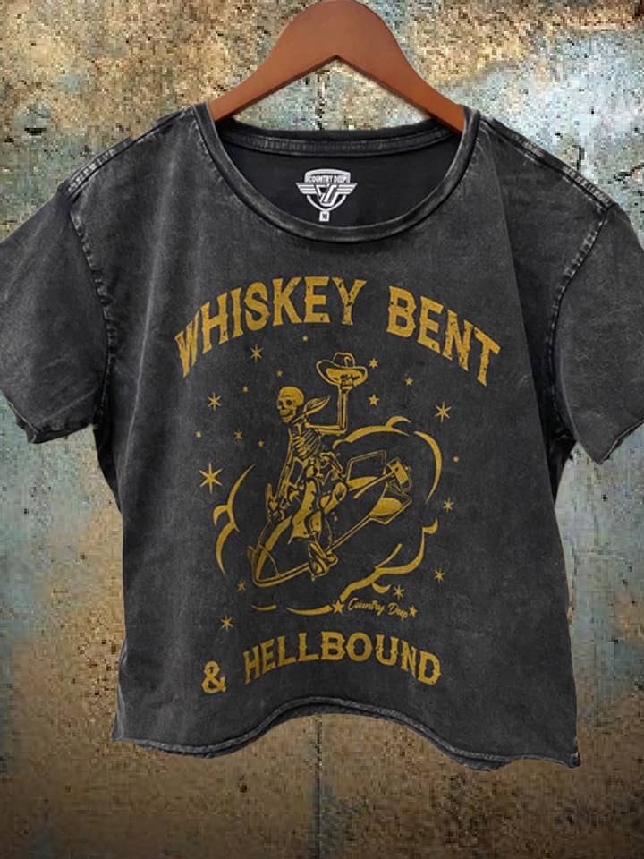 Country Deep Apparel - Wholesale Screen Printed T-Shirt - Women's - Whiskey Bent hellbound regular Cropped Acid wash T-shirt