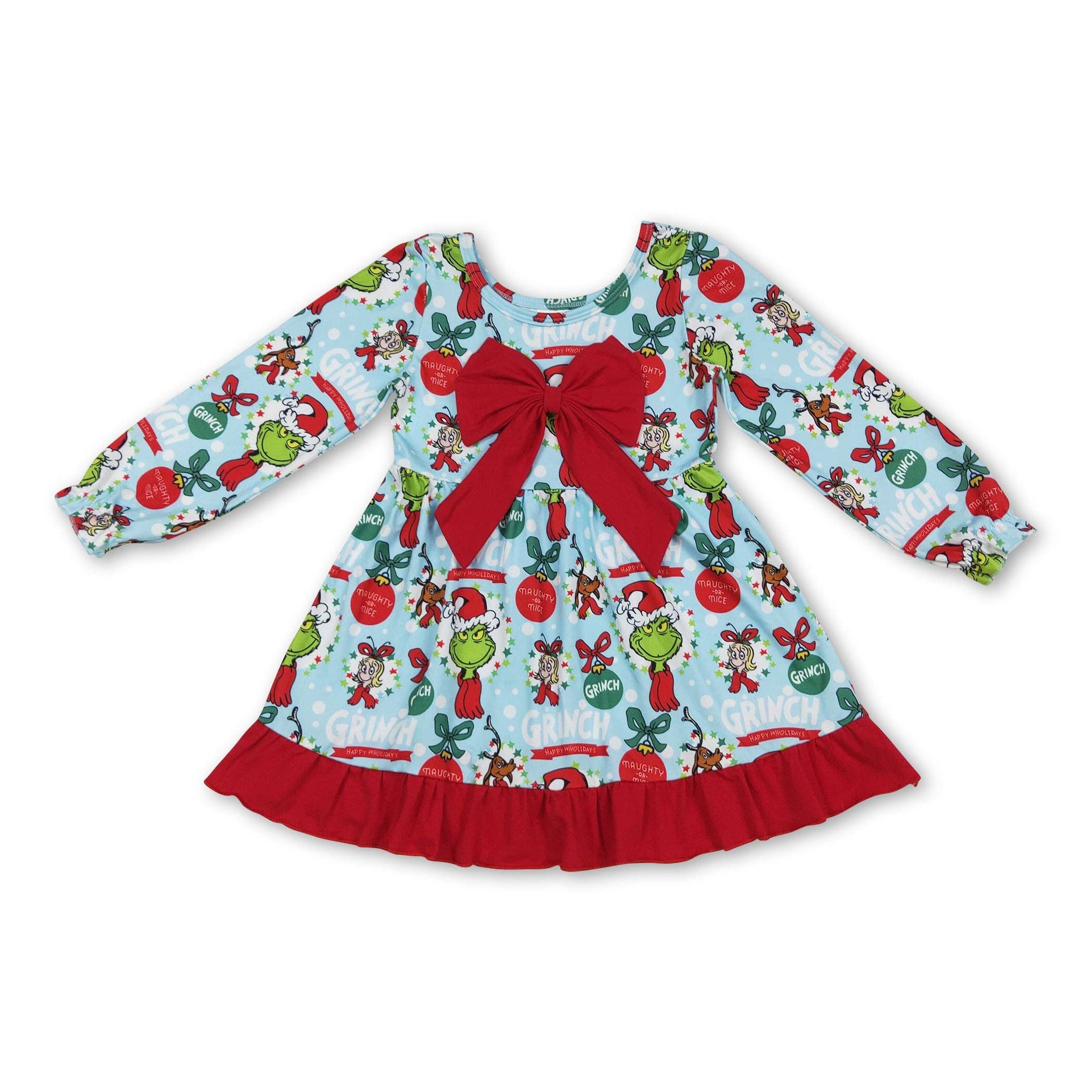 Yawoo Garments - Vente Robe – enfant - Robe de Noël pour filles avec nœud rouge, manches longues, visage vert et volants