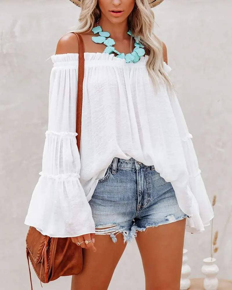 Fashion Combination - Wholesale Blouse - Women's - frill hem off shoulder bell sleeve top23