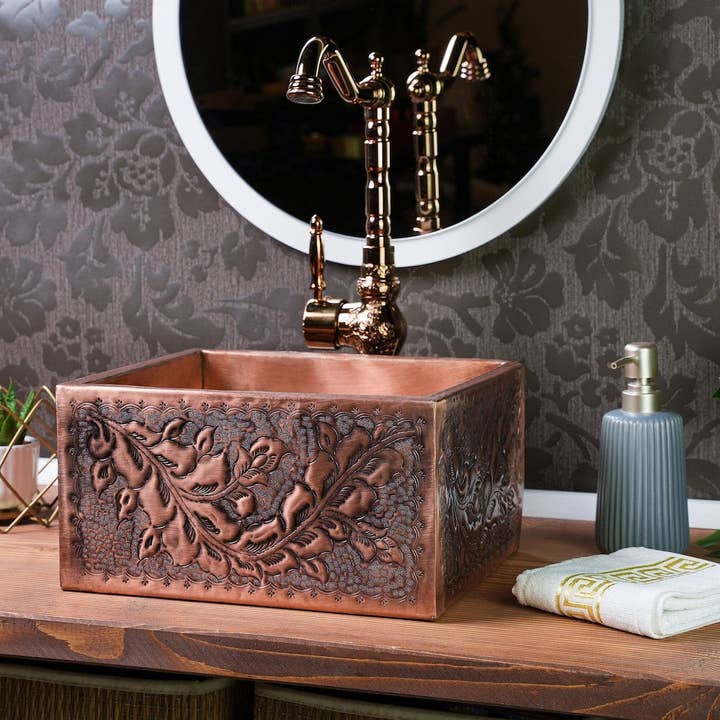 Handcrafted Copper Sink Vanity for Your Bathroom | Rectangular Copper Sink Bowl 12" x 8" x 6" for wholesale by ALFIQ Copper