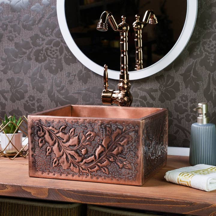 Handgefertigtes Kupferwaschbecken für Ihr Badezimmer | Rechteckige Kupferschüssel 12" x 8" x 6" für den Großhandel von ALFIQ Copper