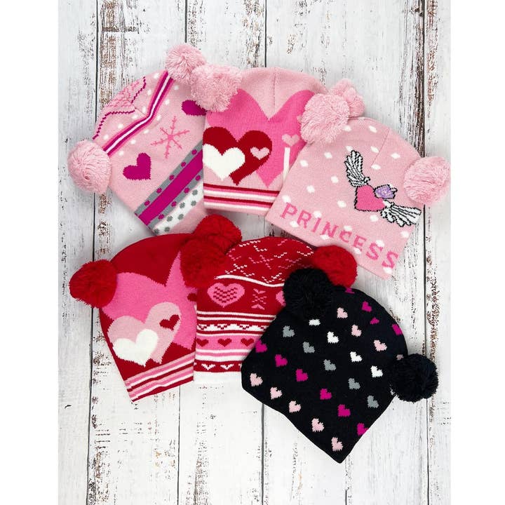 POM POM HEART PRINT WARM SOFT WINTER BEANIE FOR KIDS for wholesale by JHP Collection