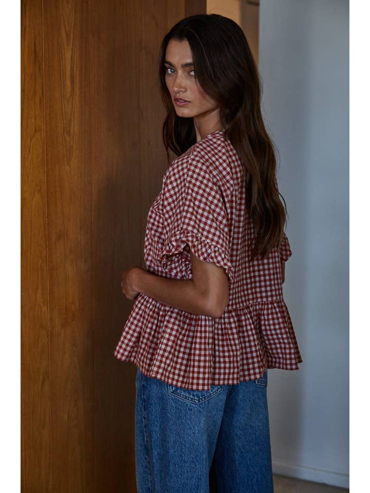 Red L9056 | Woven Cotton Gingham Ruffle Top for wholesale on Faire2