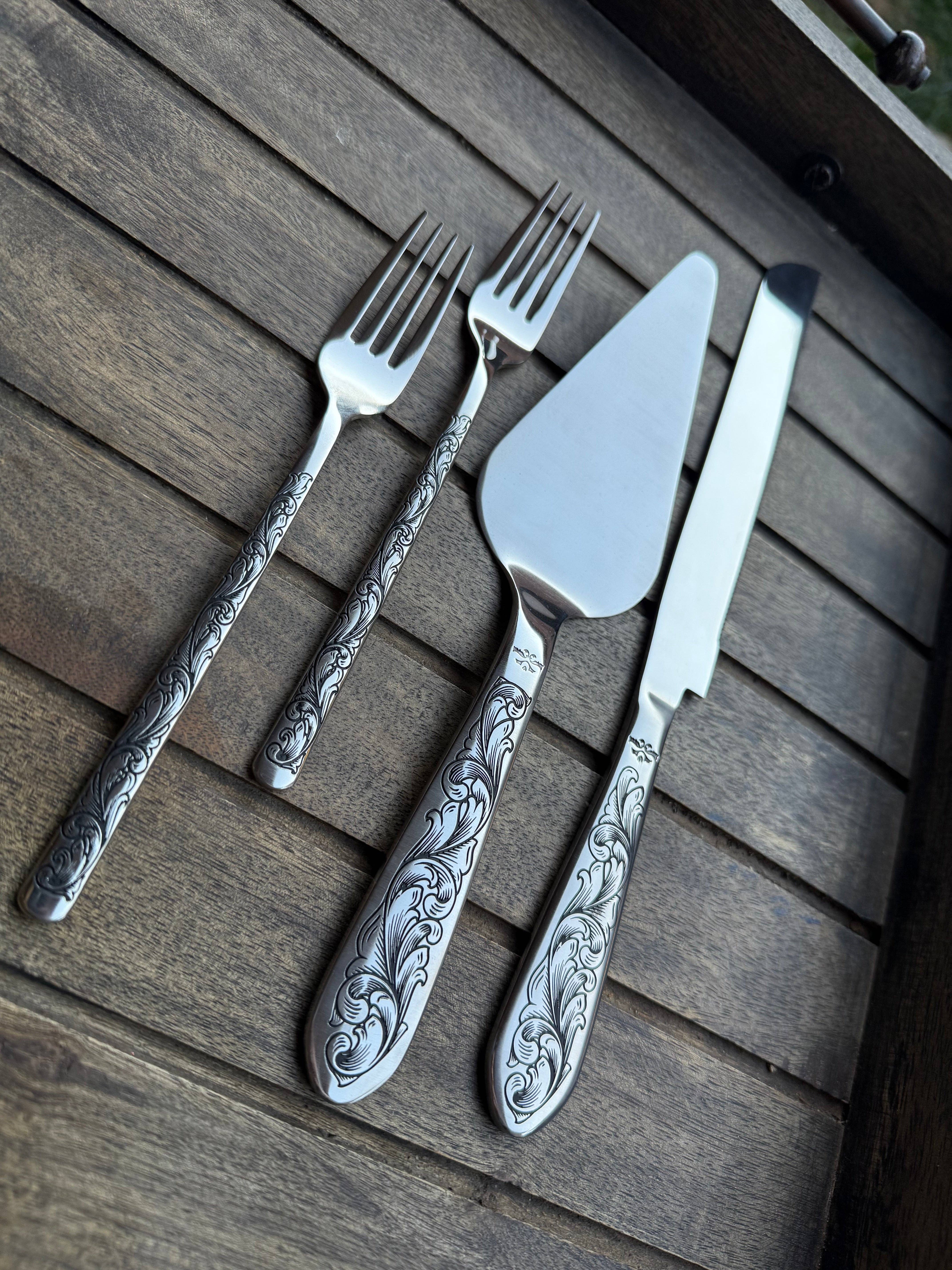 Boles silver, LLC - Wholesale Table Fork - Engraved Cake Forks - Stainless Steel Wedding Cake Fork Set6