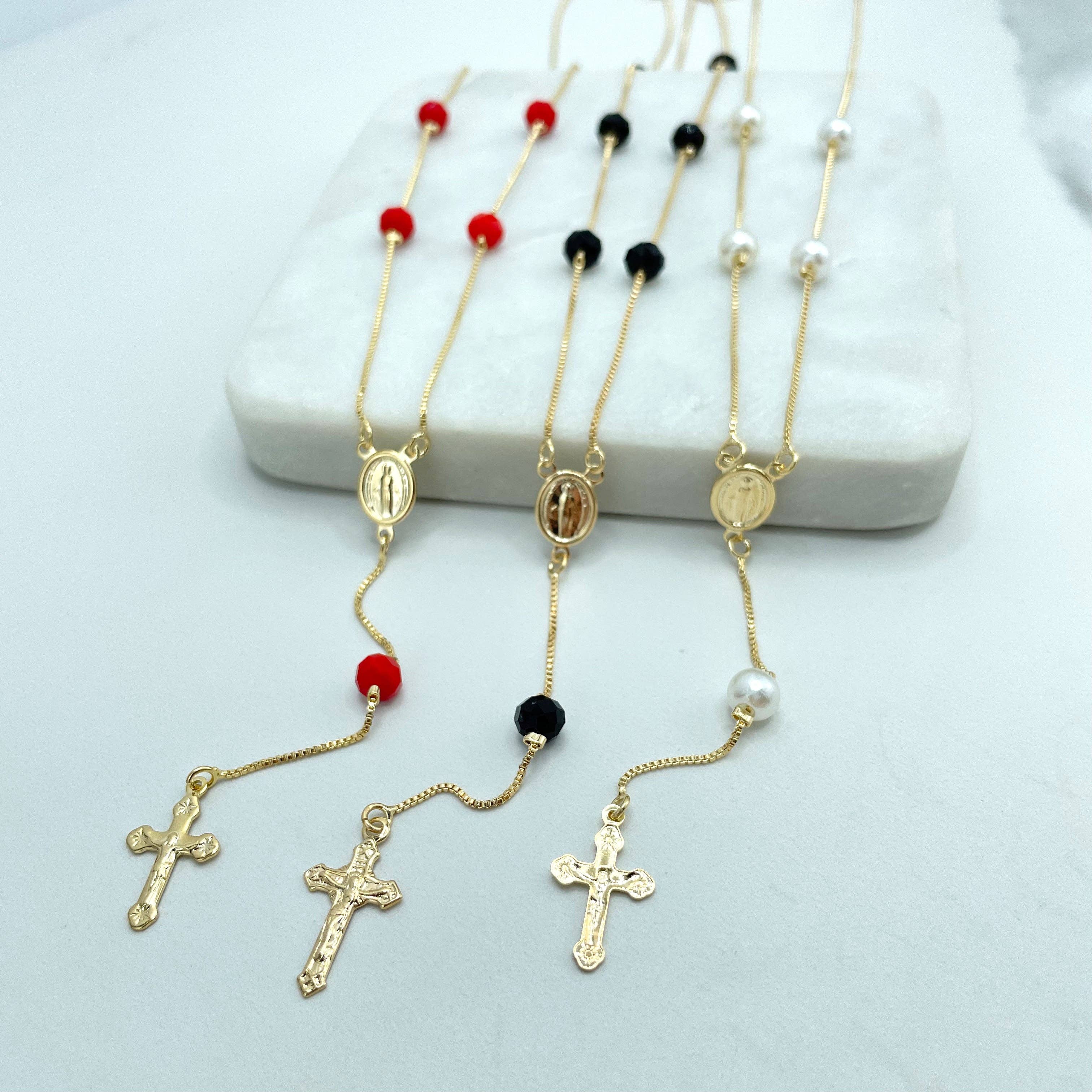 Luxus Accessories - Wholesale Prayer Beads Necklace - 18k Gold Filled Red, Black or Pearls Virgen La Milagrosa Beaded Rosary3