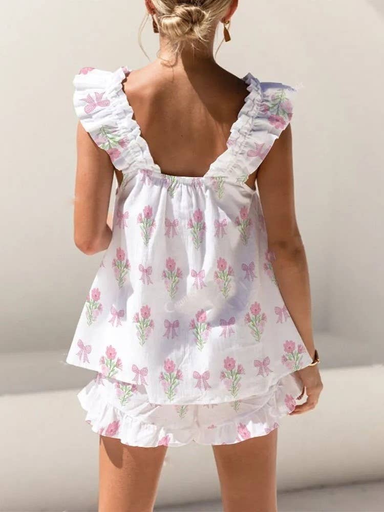 Rosa Clothing - Wholesale Top & Short Set (NOT Loungewear) - Women's - Floral & ribbon bow print ruffled tank top shorts set6