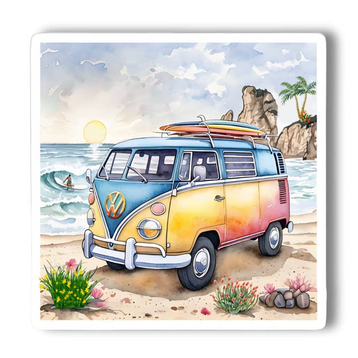Beach Day VW Van Sticker – 3” Pastel Surf Adventure for wholesale by National Parks and Beyond