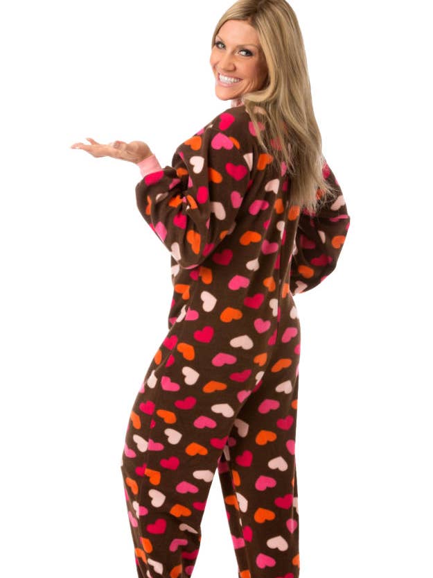 Chocolate Brown with Hearts Fleece Pajamas for wholesale by Big Feet Pajamas