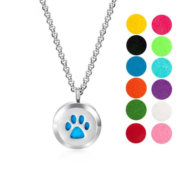 Dog Paw Aromatherapy Diffuser Necklace with 12 color pads for wholesale by Wild Essentials