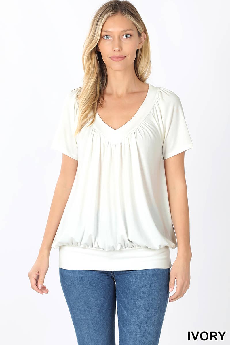 42POPS - Wholesale Blouse - Women's - ",.SHIRRED V-NECK SHORT SLEEVE TOP10