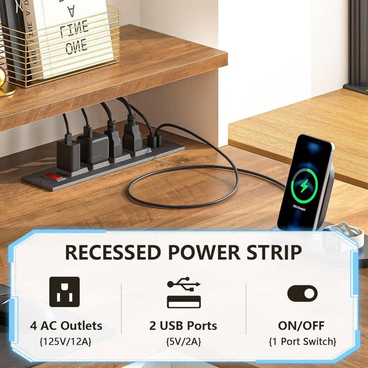 Antique White 63 Inch L Shaped Desk With Built In Charging Station for wholesale on Faire6