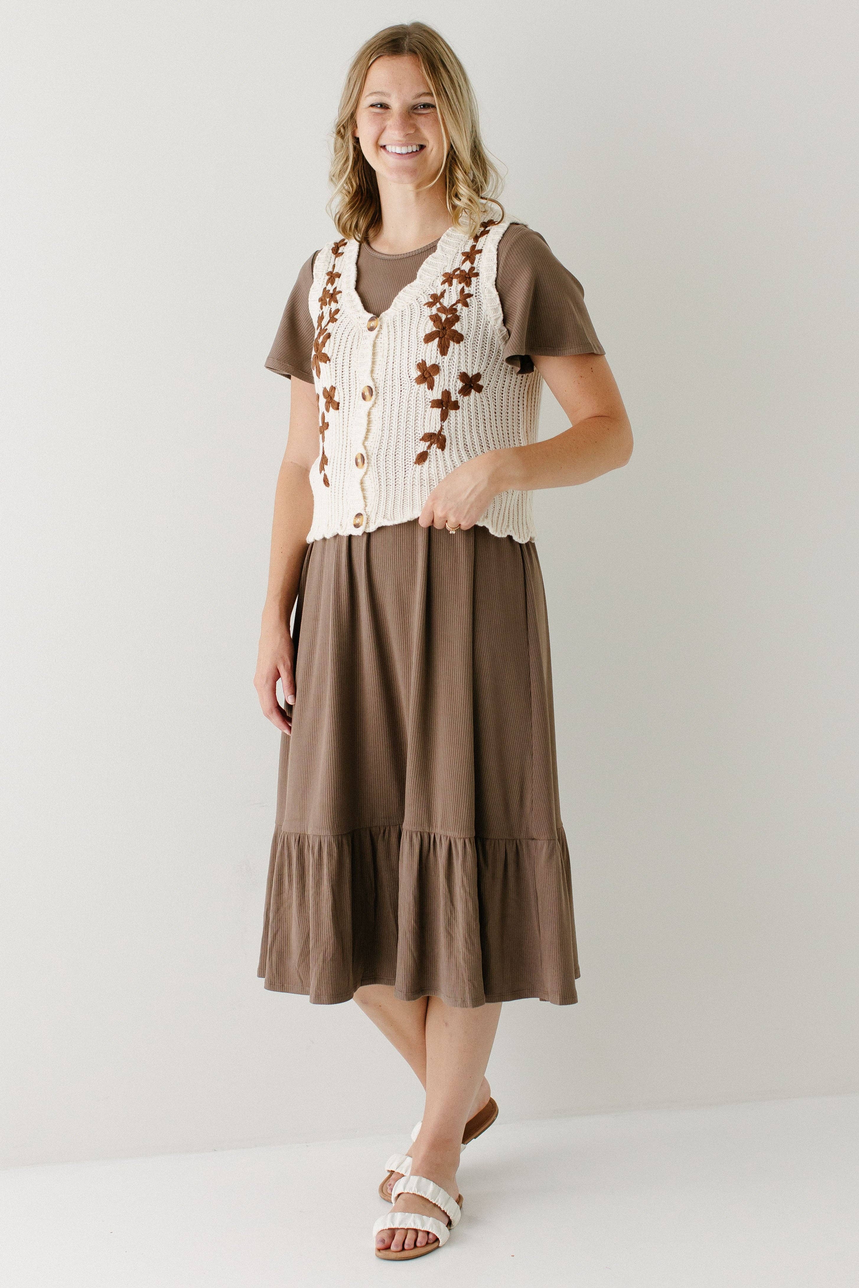 'Shiloh' Ribbed Tiered Midi Dress in Mocha FINAL SALE for wholesale on Faire8