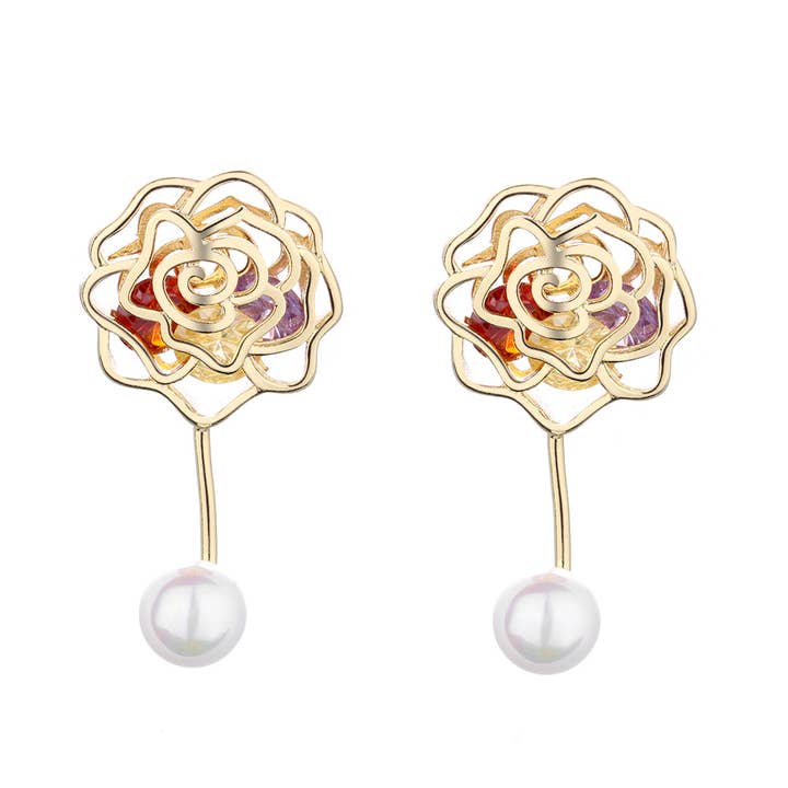 14K Gold Cultured Pearl Rose Drop Earrings With Crystals for wholesale by Amy and Annette
