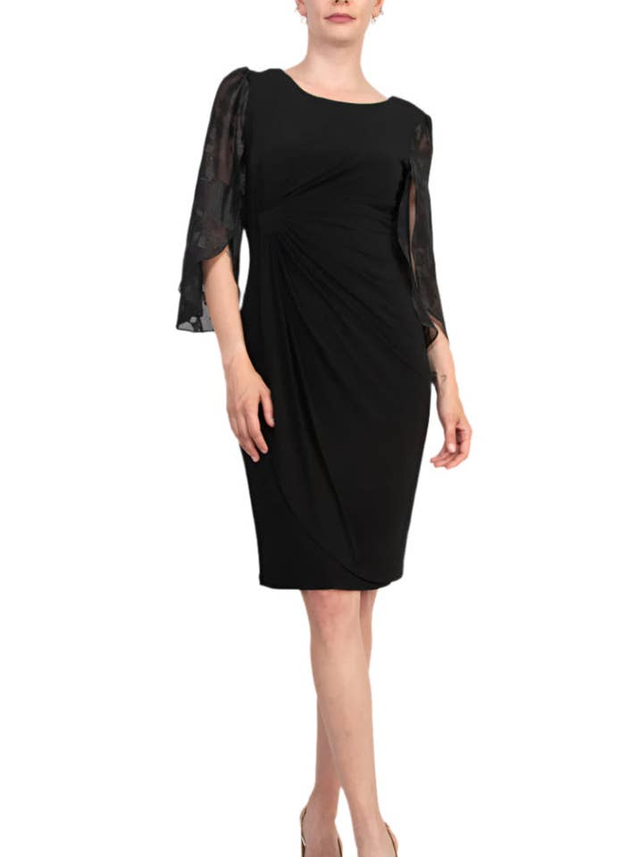 Connected Apparel Side Twist Detail Sheer Three-Quarter Floral Split Sleeves Sheath Dress for wholesale by Immediate Apparel
