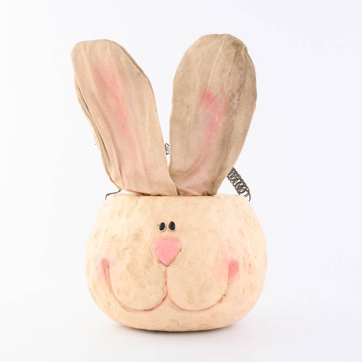 Paper Mache Pink Bunny Basket with wire handle 7.5 Inches tall for wholesale by Birch Maison