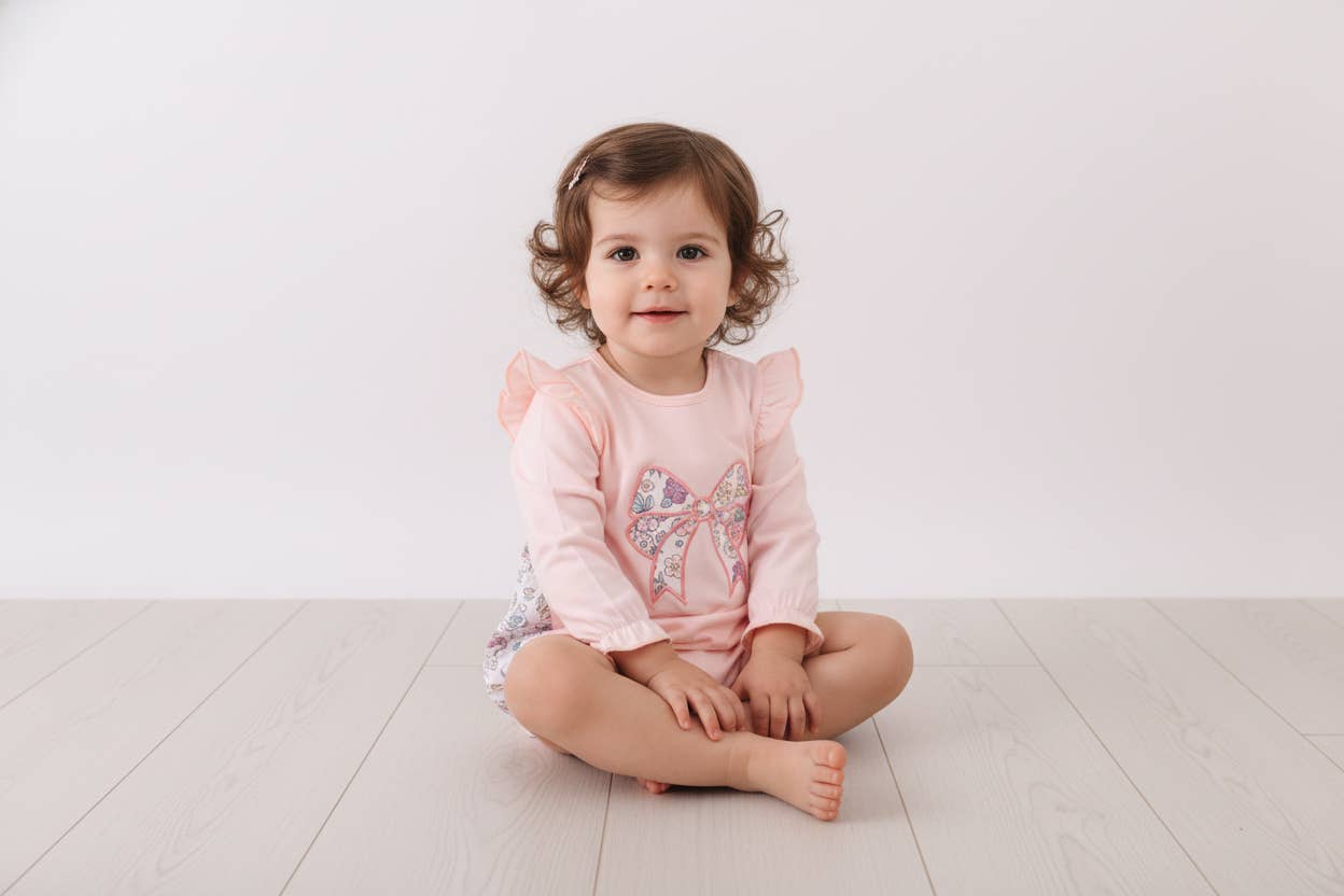 Mom & Co. - Wholesale Bodysuit (Non-Footed) - Baby - Pink floral bow applique ruffle bubble