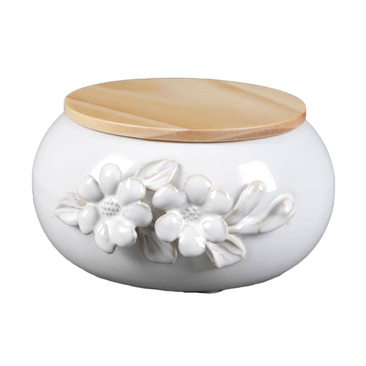 Candela in ceramica con fiore da 5,52" con coperchio in legno - Peonia per la vendita all'ingrosso da parte di Flora Bunda Inc