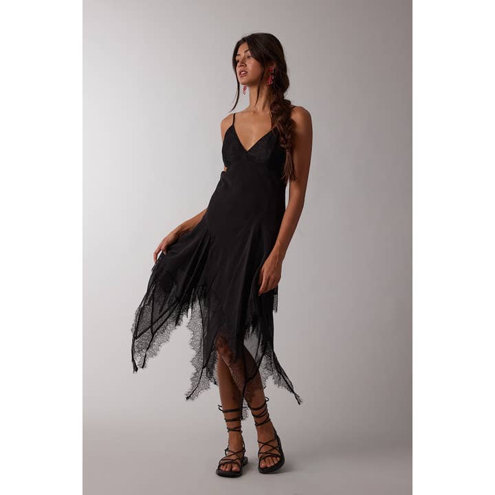 HIGH-LOW LACE DOWN V-NECK OPEN BACK MIDI DRESS for wholesale by Sky to Moon