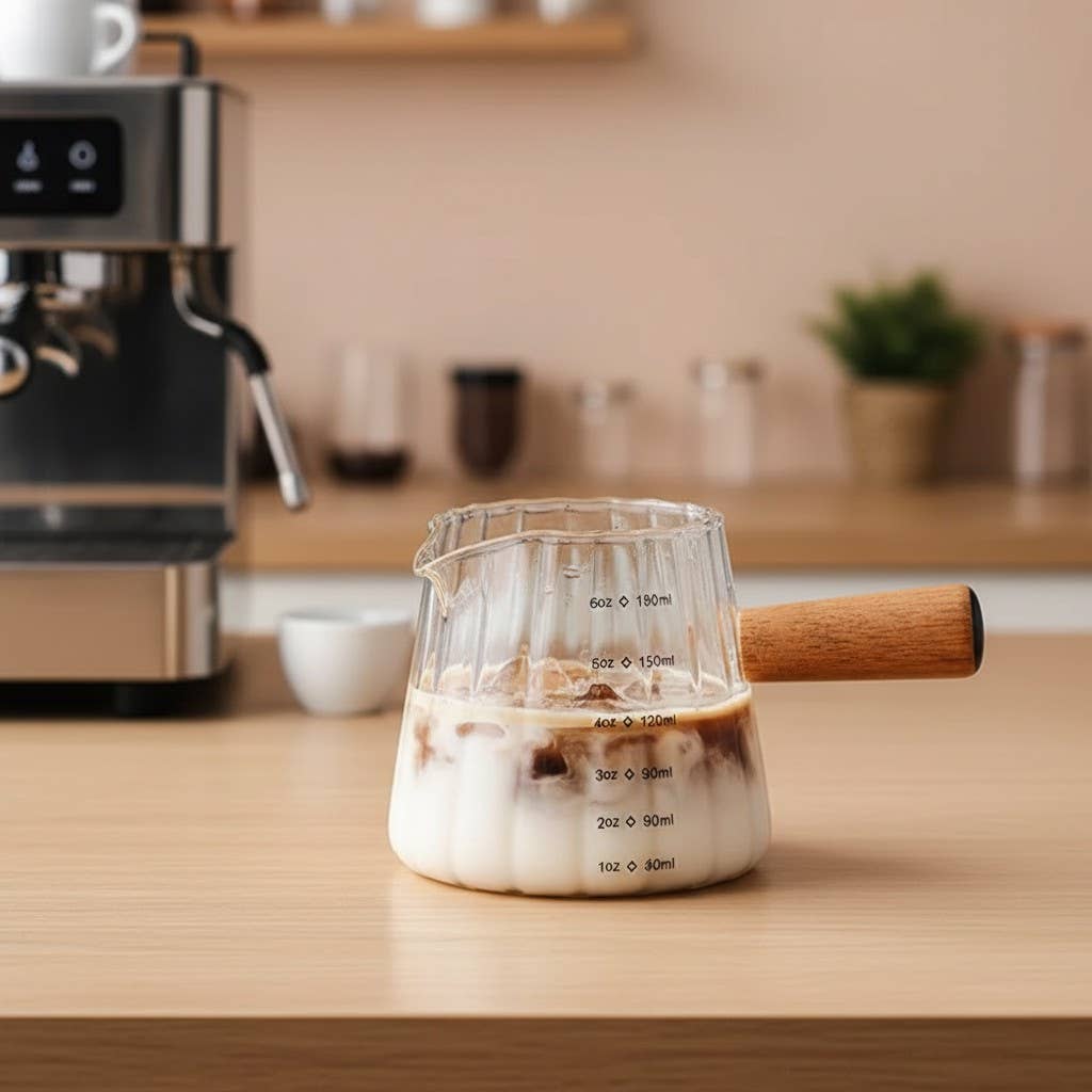 Kiyo Home - Wholesale Measuring Cup - Milk Froth Glass | Borosilicate Glass Cup with Wooden Handle13