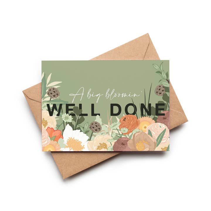 Wildwood Paper – wholesale Gratulationskort – Bloomin' Well Done grönt & orange blommigt festkort