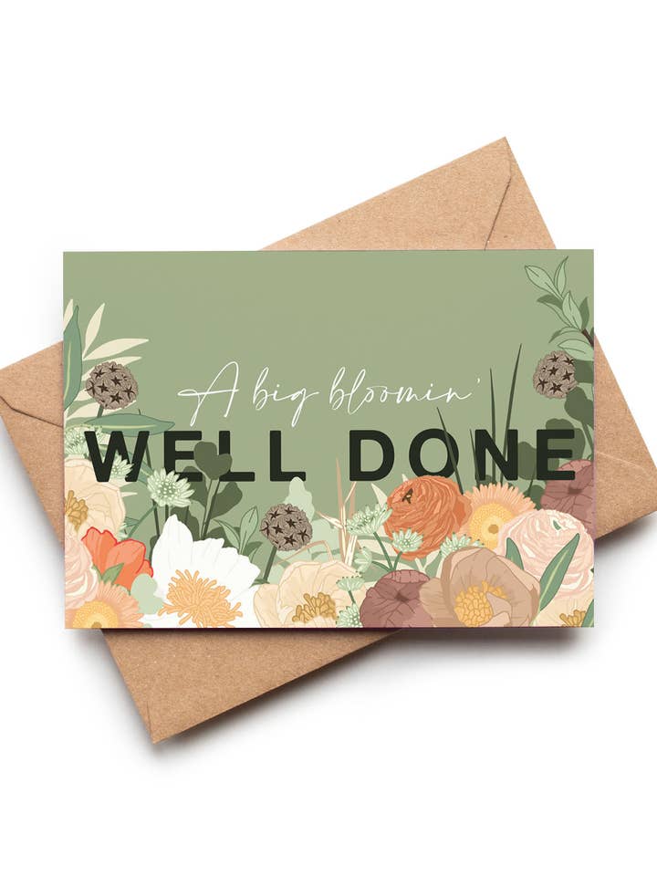 Bloomin' Well Done Green & Orange Floral Celebration Card for wholesale by Wildwood Paper