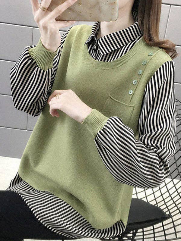 ShieldChic - Wholesale Knit Sweater - Women's - Original Loose Split-Joint 5 Colors Striped Round-Neck Long Sleeves False Two Sweater Top1