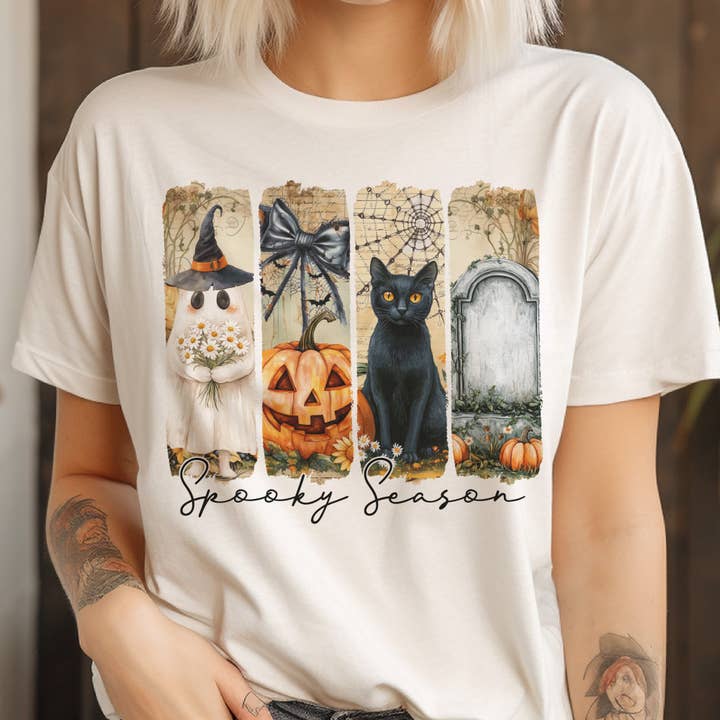 Par.tees by Party On! - Wholesale T-Shirt (Graphic) - Women's - Halloween Spooky Season Black Cat Pumpkin Panel Graphic Tee1