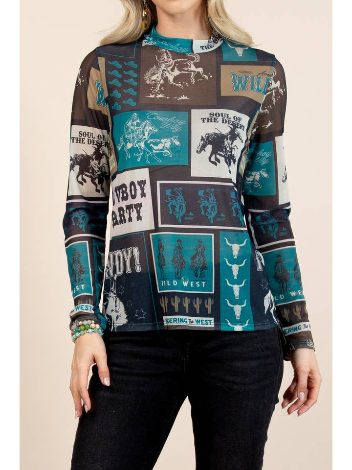 T1502-6010A-Remini Teal Cowboy Party Mesh Print Mock Neck To for wholesale on Faire