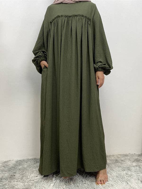 StyleGalX - Wholesale Jurk - Dames - Elasticiteit met lange mouwen en bisschopmouwen, geplooide, effen kleur, gespleten taille, ronde hals, maxi-jurken17