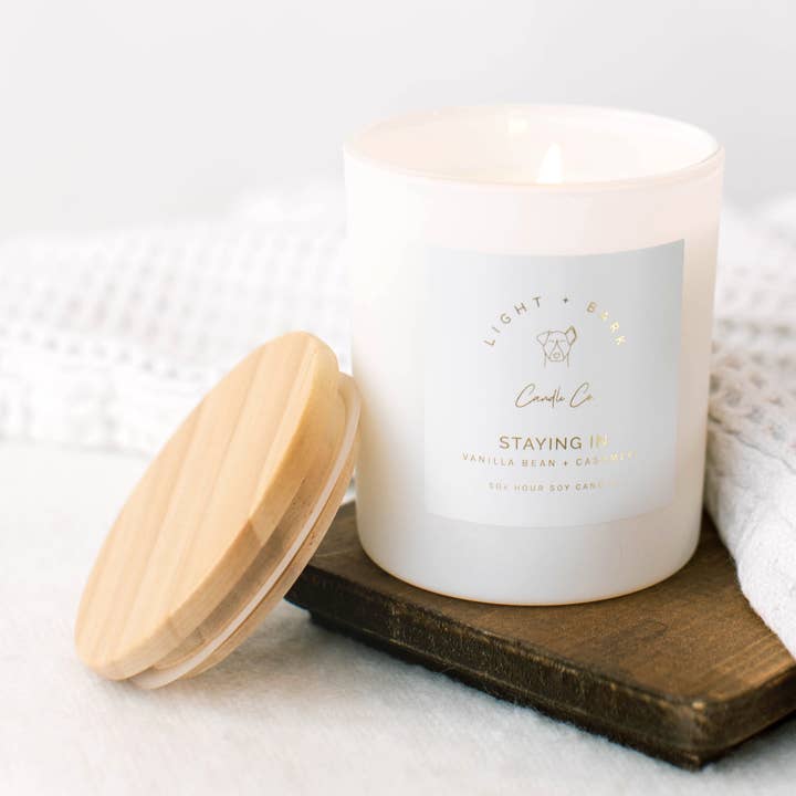 Staying In 10oz Candle | White Glass Jar Soy Candle for wholesale by Light + Bark Candle Co.