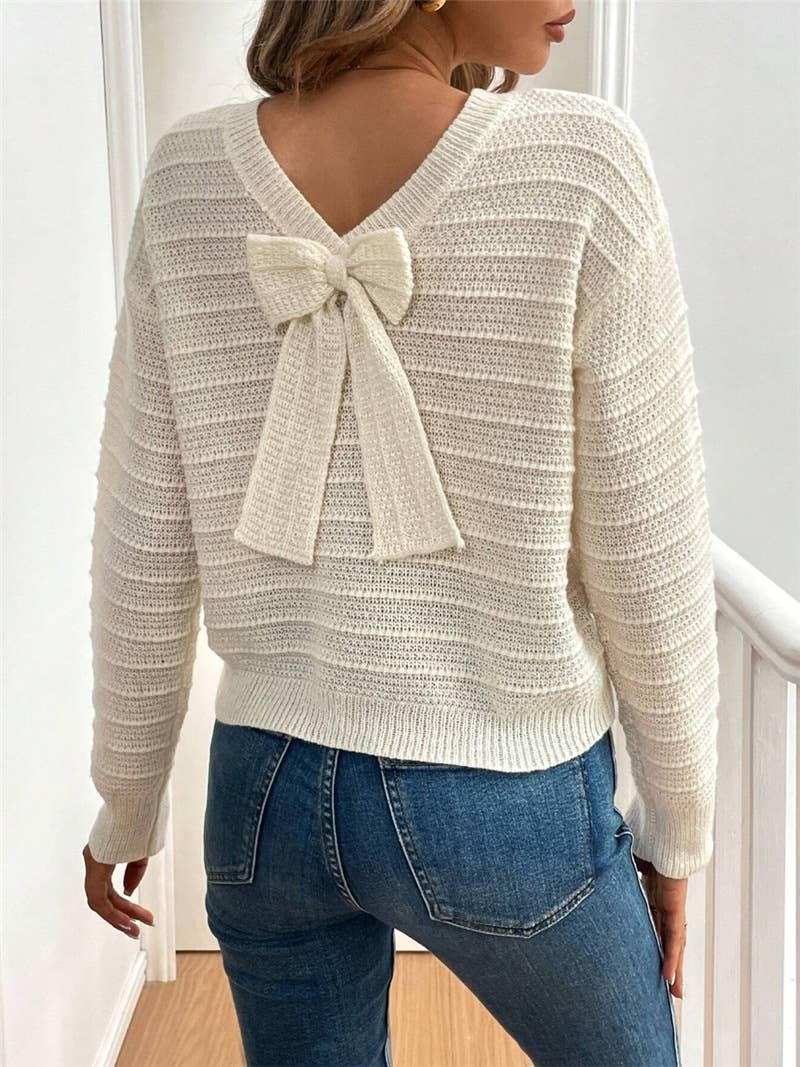 Beige Cozy Bow Tie Back Crew Neck Fall Sweater for wholesale on Faire0