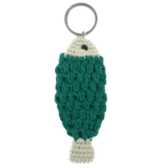 Keychain fish green - bag charm - crochet organic cotton for wholesale by Luna-Leena - handmade in Nepal