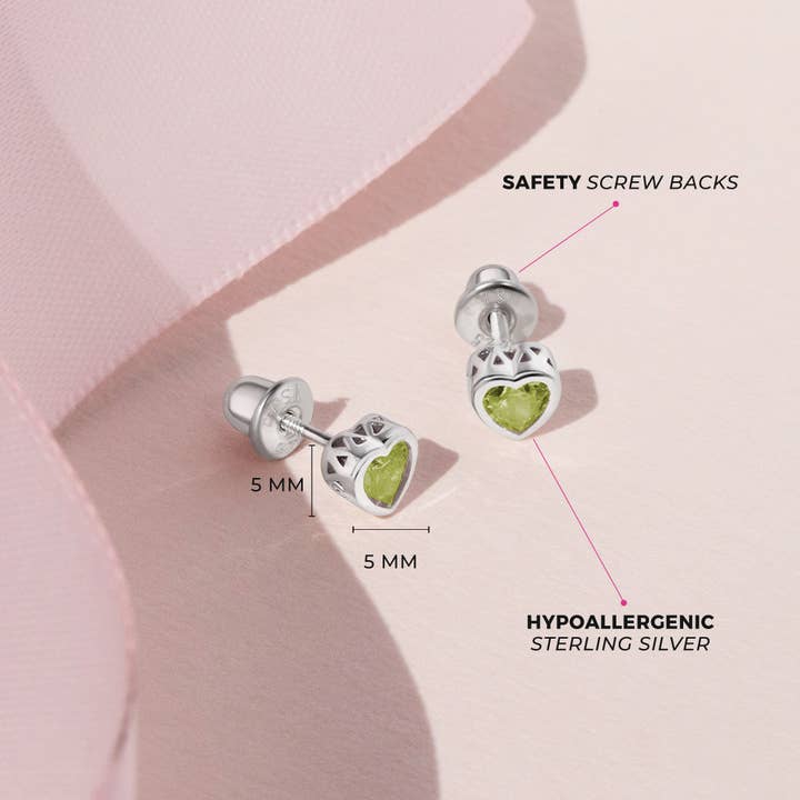 In Season Jewelry - Wholesale Earrings - Kids - CZ Birthstone Heart Toddler Kids Earrings - Sterling Silver32